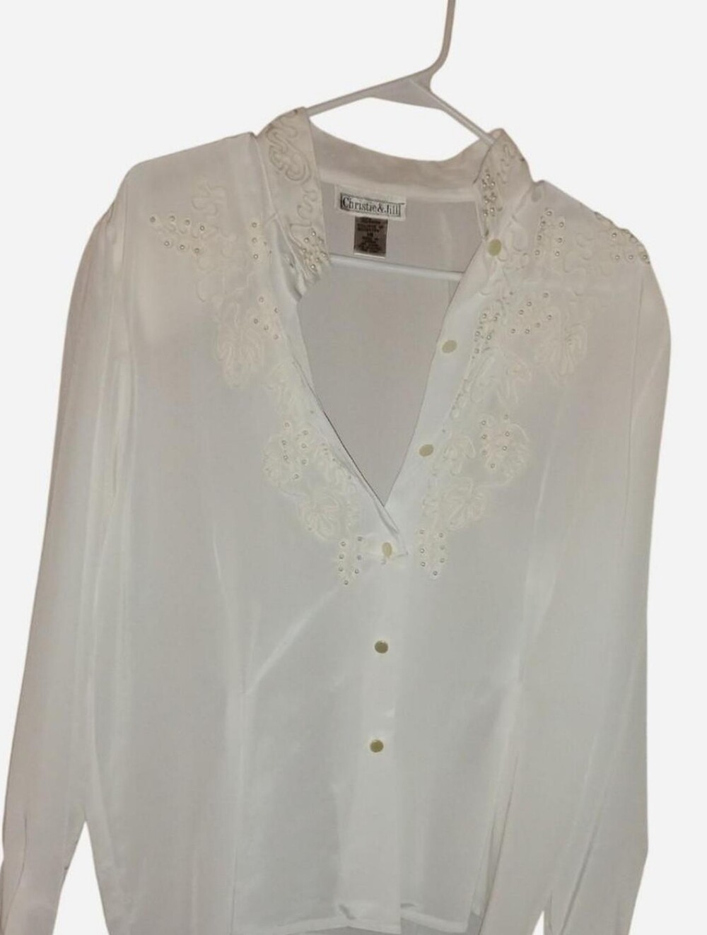 Vintage Christie & Jill Off-White Sheer Embroidered & Faux Pearl Beaded Long Sle
